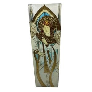 Joan Baker Designs Hand Painted Glass Angel Vase Stained Glass Gold Blue 10"
